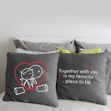 Set of dark grey decorative cushions with bunny heart and “Together with you” text