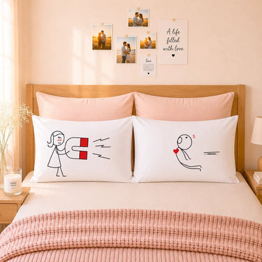 White couple pillowcases with cartoon woman and man illustration on the front