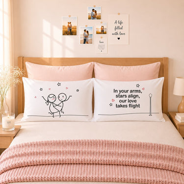 White couple pillowcases with romantic line art and love quote printed in center