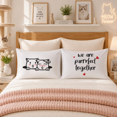 Pair of white couple pillowcases with cat cartoon and "we are purrfect together" text