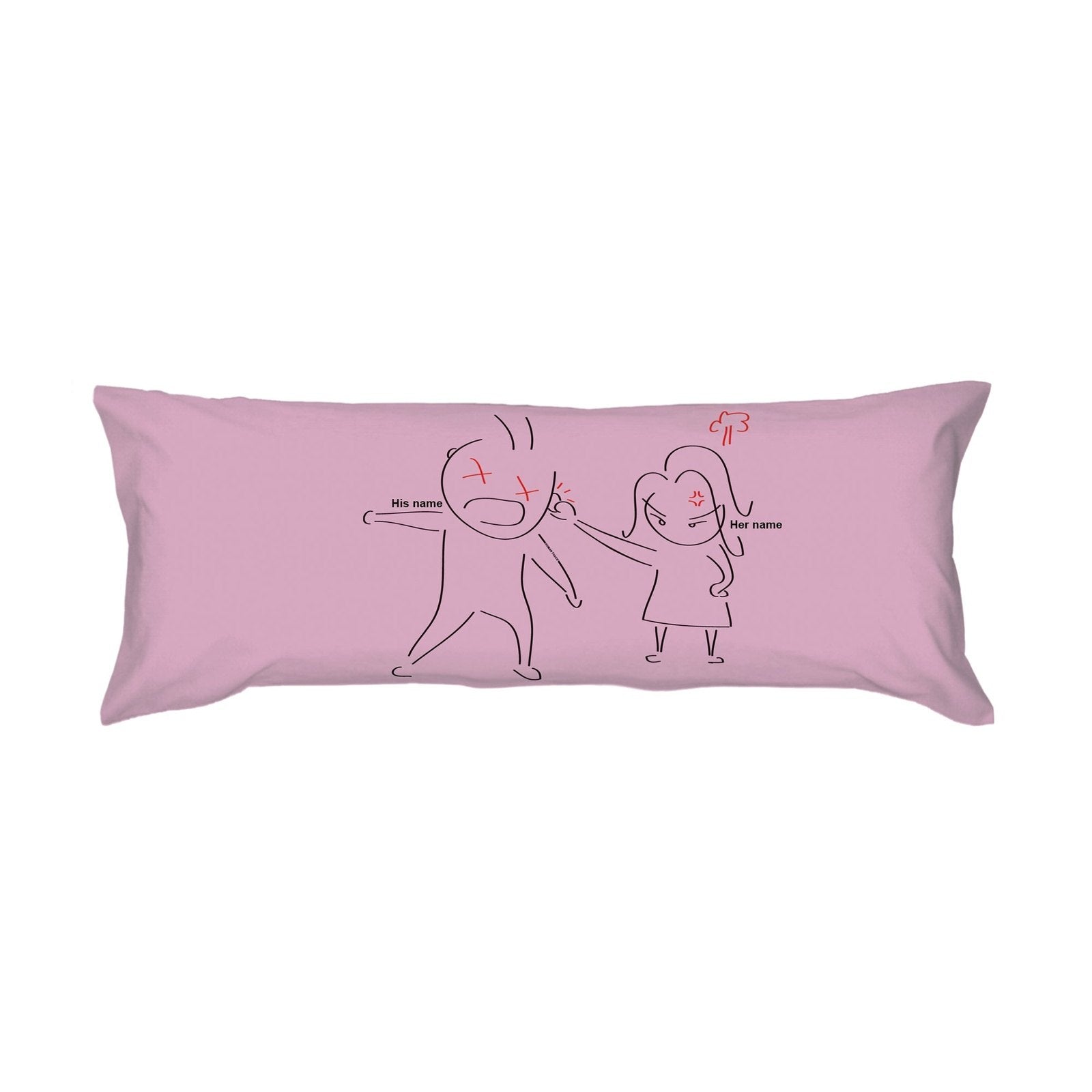 a pink pillow sitting on top of a white bed 