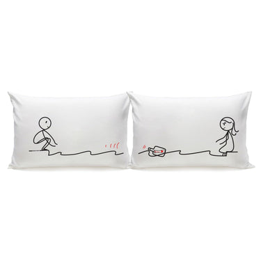 His and hers pillowcases featuring cute couple illustrations, perfect for anniversary gift ideas for lovers