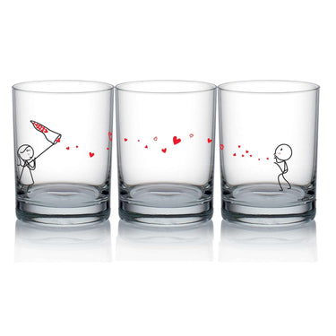 Set of three decorative glassware featuring love-themed designs, ideal anniversary gift ideas
