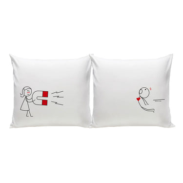 His and hers pillowcases featuring a magnet themed anniversary gift design with playful illustrations
