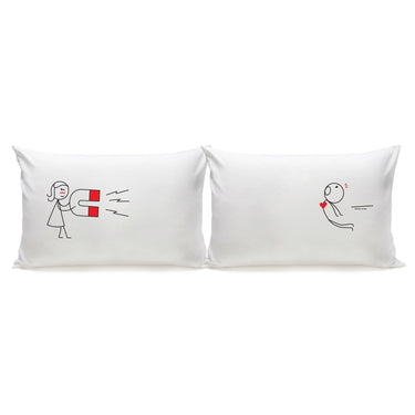 His and hers pillowcases featuring a magnet themed anniversary gift design for couples