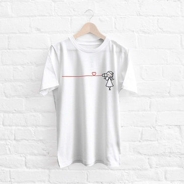 White couple T-shirt with girl illustration and heart line, perfect anniversary t-shirt gift