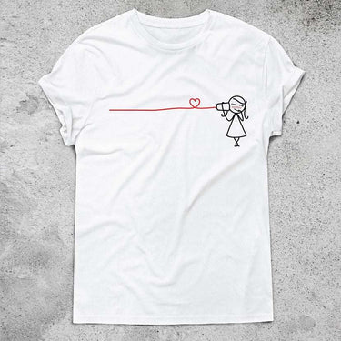 Cute couple t-shirt featuring a girl with a heart for an anniversary t-shirt gift