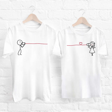 Couple T-shirts featuring playful stick figures with red string, perfect for an anniversary t-shirt gift