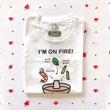 White Human Touch couple T-shirt featuring funny Thai food design with text I'm on fire, ideal as best Bangkok Souvenir funny Thai food shirt