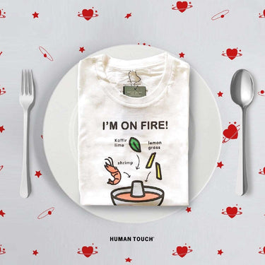 Human Touch I'm on Fire! couple T-shirt featuring funny Thai food design for the best Bangkok Souvenir funny Thai food shirt