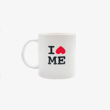Cool self love mug featuring I love me design in black and red on a white ceramic cup