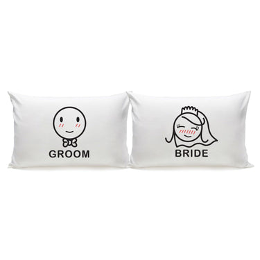 His and hers pillowcases featuring Bride and Groom designs, perfect couple gifts for newlyweds