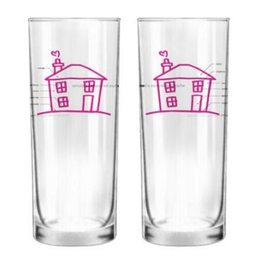 Couple housewarming glassware set featuring tall glasses with cute house designs in pink