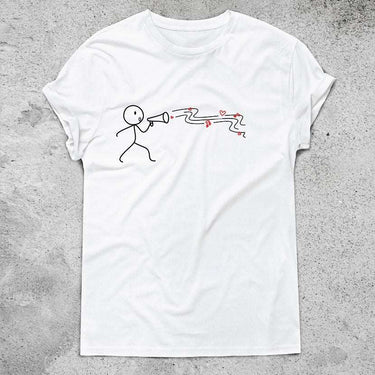Human Touch couple matching t-shirts featuring a fun stick figure graphic with hearts