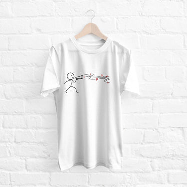 Creative couple matching t-shirts featuring stick figure design and heart graphics