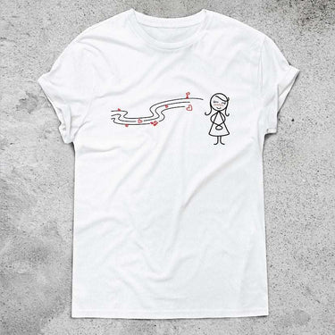 White couple matching t-shirts with cute music note design and cartoon character illustration