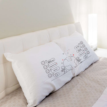 His and hers pillowcases designed for long distance love couple gifts featuring cute illustrations