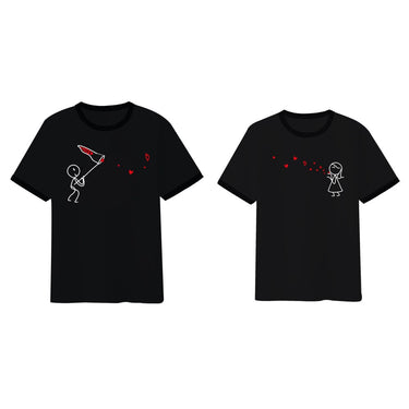 Human Touch couple's gift t-shirt set featuring playful stick figures and hearts design