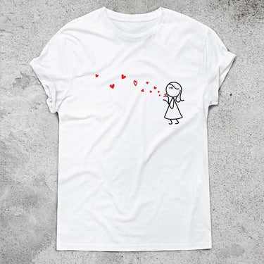 Cute couple's gift t-shirt featuring a whimsical design of a girl blowing hearts