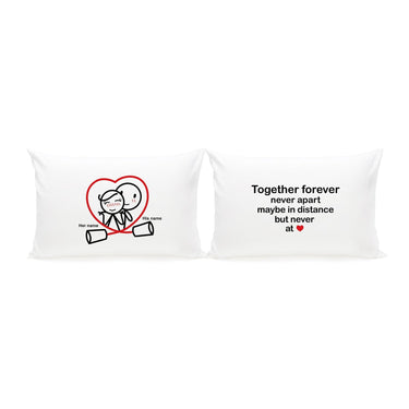 His and hers pillowcases with cute couple design and text saying together forever decorative pillow