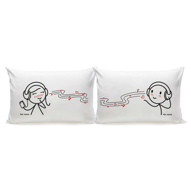 Cute couple pillow set featuring playful illustrations and personalized text on each pillowcase