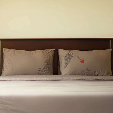 His and hers cute couple pillowcases Pisa Tower with playful design and heart motif