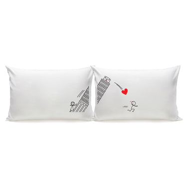 Cute couple pillowcases Pisa Tower featuring romantic stick figure designs for lovers