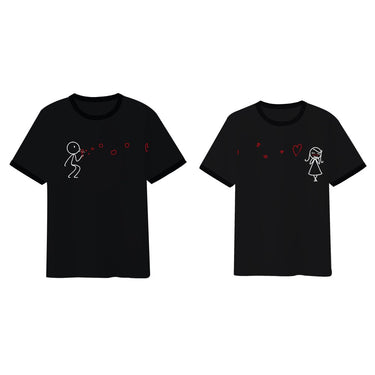 Matching cute couple shirt set featuring playful designs of a stick figure and a girl in love