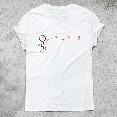 White cute couple shirt featuring a playful stick figure blowing bubbles design