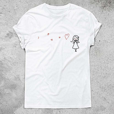 Cute couple shirt featuring a playful design with hearts and a girl illustration