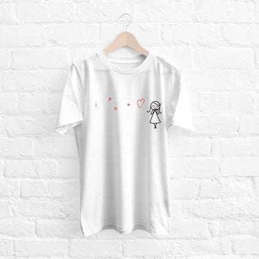 Cute couple shirt featuring a playful girl design with hearts on a white T-shirt from Human Touch