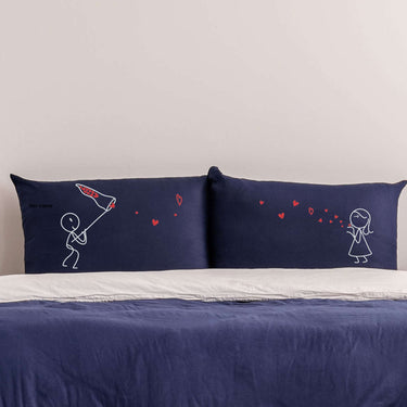 Cute cushion for lovers his and hers pillowcases featuring playful stick figures and hearts