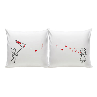 His and hers pillowcases with cute designs, featuring a stick figure couple with hearts, perfect as a cute cushion for lovers
