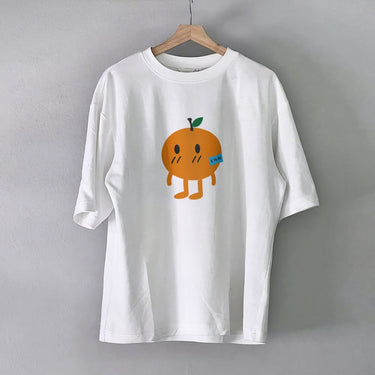Cute orange graphic 100 percent cotton t-shirt with an adorable cartoon fruit design
