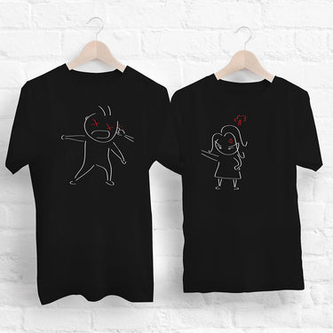 Funny couple t-shirts featuring playful cartoon designs on a black background for couples