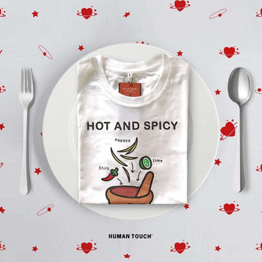 Funny foodie shirts for gifts featuring a Hot and Spicy design with colorful food illustrations