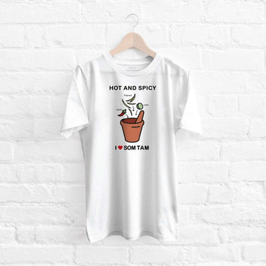 White couple T-shirt with Hot and Spicy Som Tam graphic, perfect for funny foodie shirts for gifts