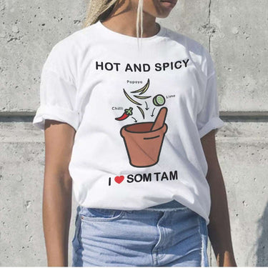Funny foodie shirts for gifts featuring hot and spicy Som Tam design on a couple T-shirt