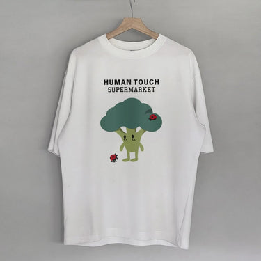 Funny vegetable shirt 100 percent cotton featuring a cute broccoli character with ladybugs