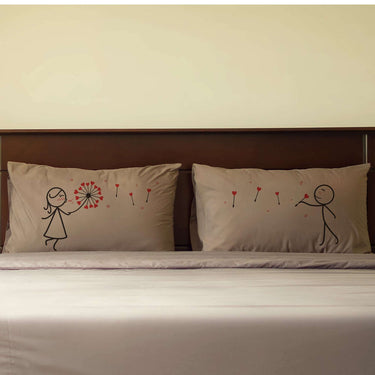 His and hers pillowcases designed as heartfelt anniversary keepsakes with playful illustrations