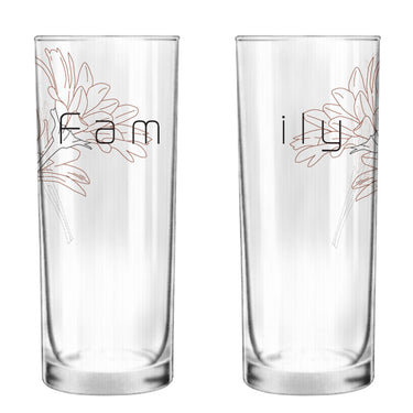 Heartfelt family glass set featuring elegant floral designs on clear glassware for special occasions