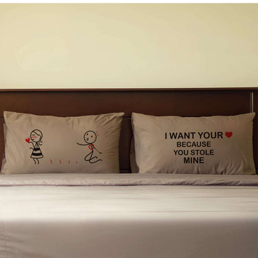 His and hers pillowcases with playful illustrations and heartfelt gifts for lovers text