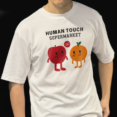 Human Touch 100 percent cotton oversize street t shirt featuring playful apple and orange graphics