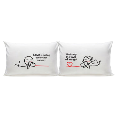 Funny his and hers pillowcases featuring playful love-themed illustrations, ideal for funny couple gift ideas