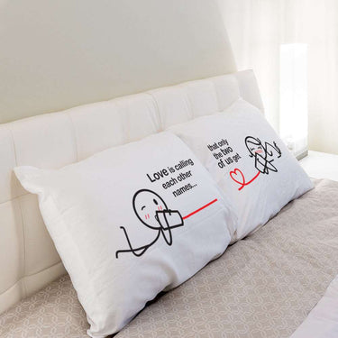 Funny couple pillowcases with Love is Calling quote, perfect for funny couple gift ideas