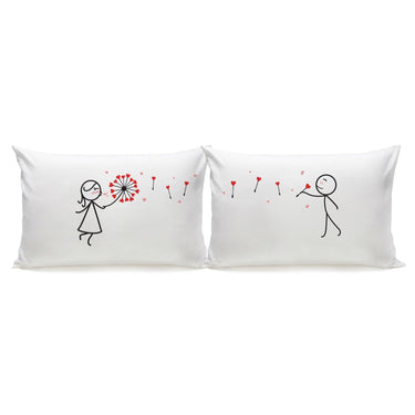 His and hers pillowcases featuring romantic stick figure designs, perfect heartfelt anniversary keepsakes