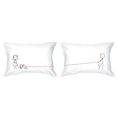 Personalized dog lover gifts his and hers pillowcases featuring cute couple and dog illustrations