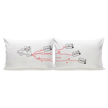 Personalized Just Married pillows featuring a cute car design and romantic messages for newlyweds