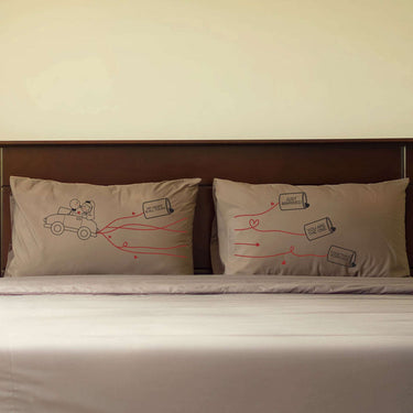 Personalized just married pillows featuring a whimsical car design for newlyweds' romantic decor