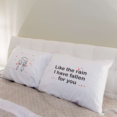Personalized love gifts pillowcases with a romantic design featuring the phrase Like the rain I have fallen for you